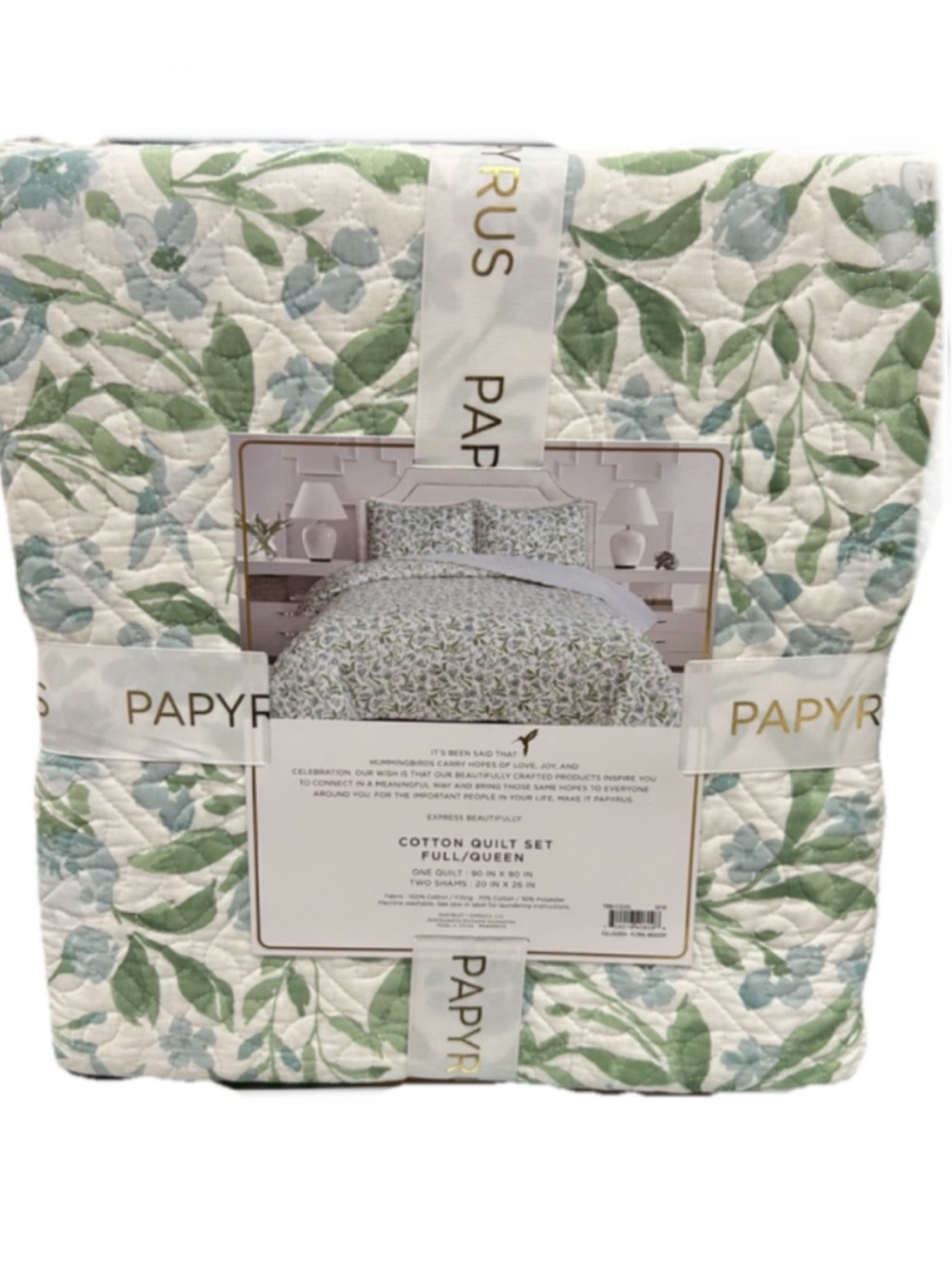 Papyrus Green, White and Blue Cotton Full/Queen Floral Quilt 90”x90”